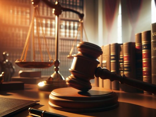 Сцена в суде_ молоток закона и атмосфера правосудия